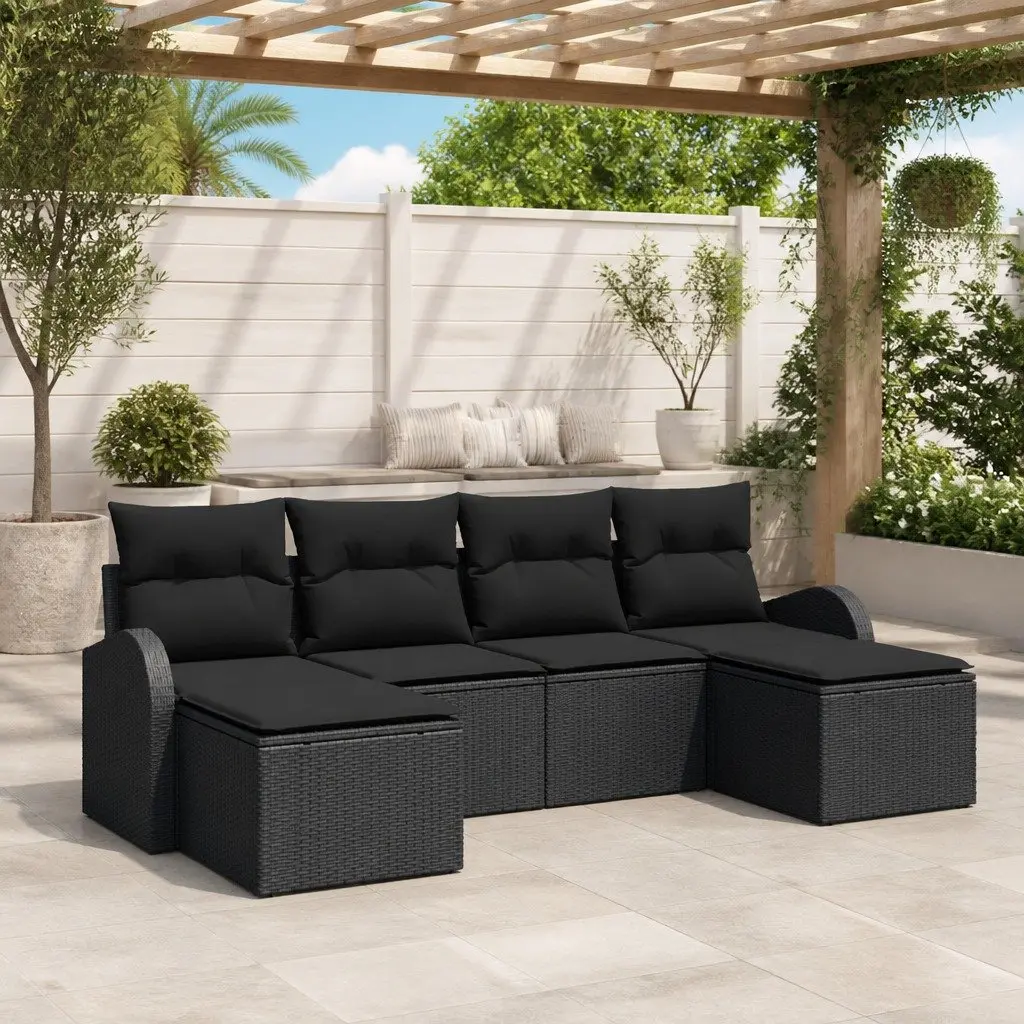 Garden Sofa Set 6 Piece Modular Outdoor Seating Black Poly Rattan Patio Lounge