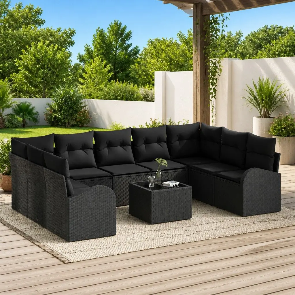 Outdoor Sofa Set Modular Garden Furniture Black Poly Rattan Seating with