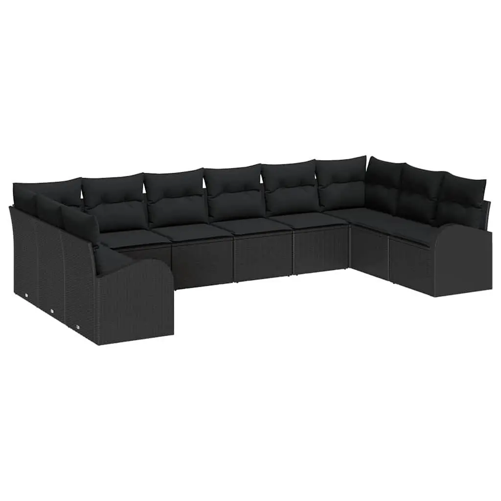 10-Piece Outdoor Sofa Set Black Poly Rattan Garden Furniture Modern Patio
