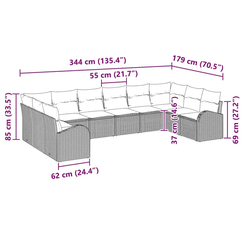 10-Piece Outdoor Sofa Set Black Poly Rattan Garden Furniture Modern Patio