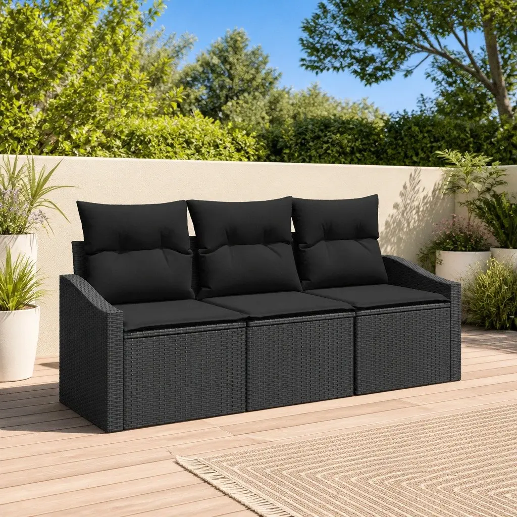 Outdoor Sofa Set Black Poly Rattan 3 Piece with Cushions