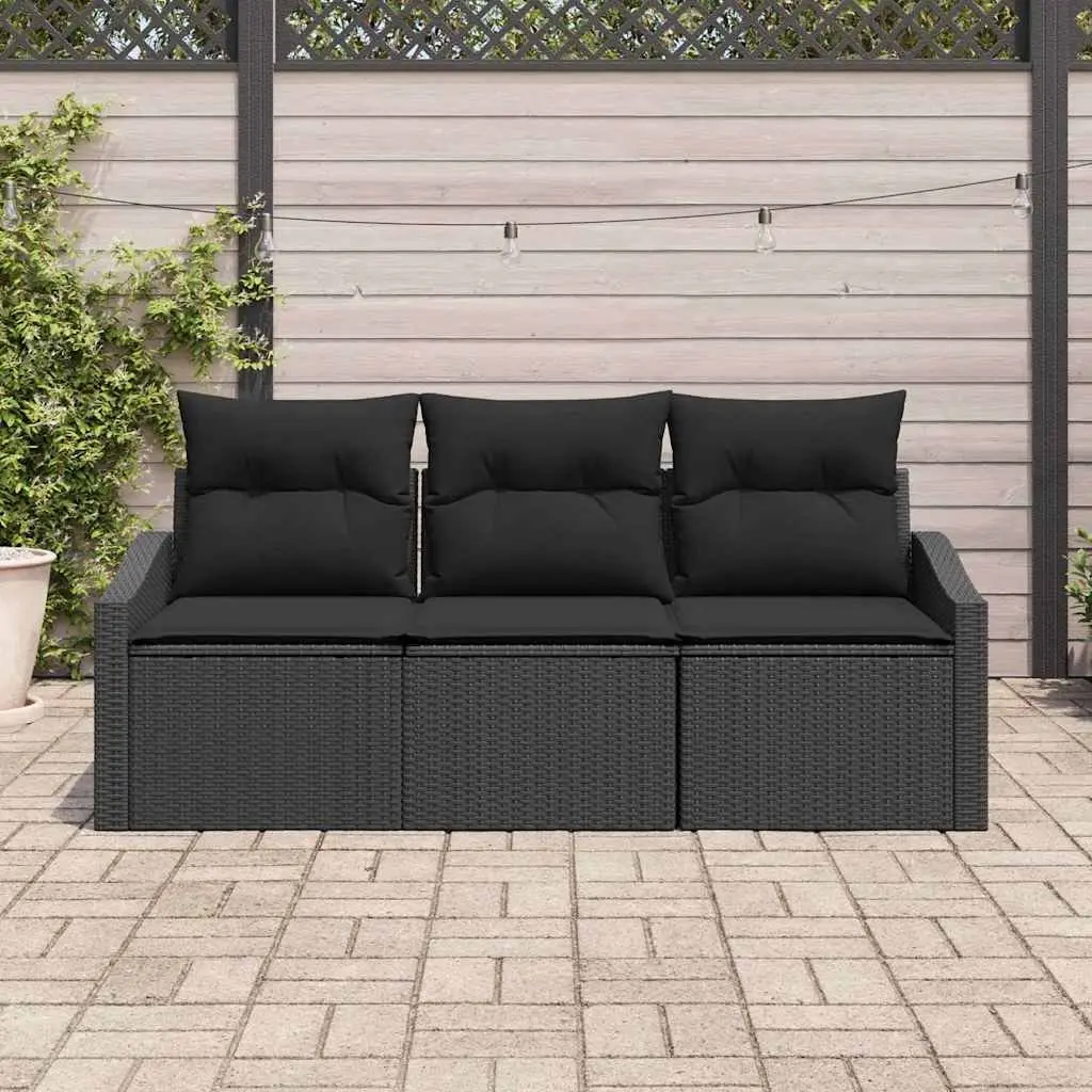 Outdoor Sofa Set Black Poly Rattan 3 Piece with Cushions