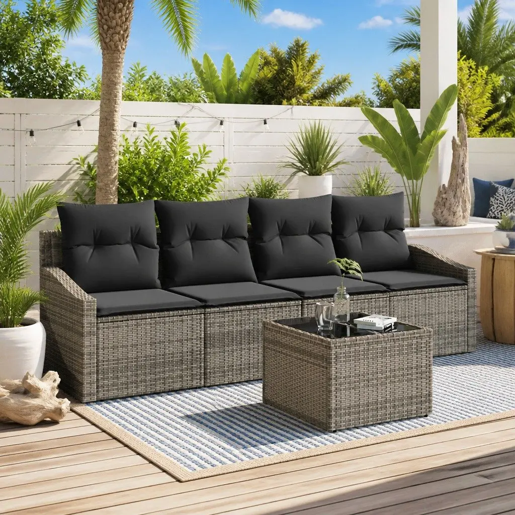 Outdoor Sofa Set Modular Grey Poly Rattan 5 Piece Garden Patio Furniture with Cushions