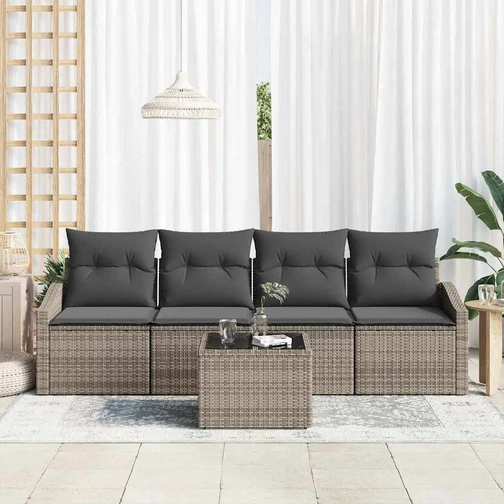 Outdoor Sofa Set Modular Grey Poly Rattan 5 Piece Garden Patio Furniture with Cushions