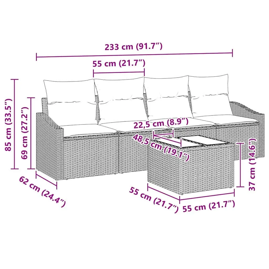 Outdoor Sofa Set Modular Grey Poly Rattan 5 Piece Garden Patio Furniture with Cushions