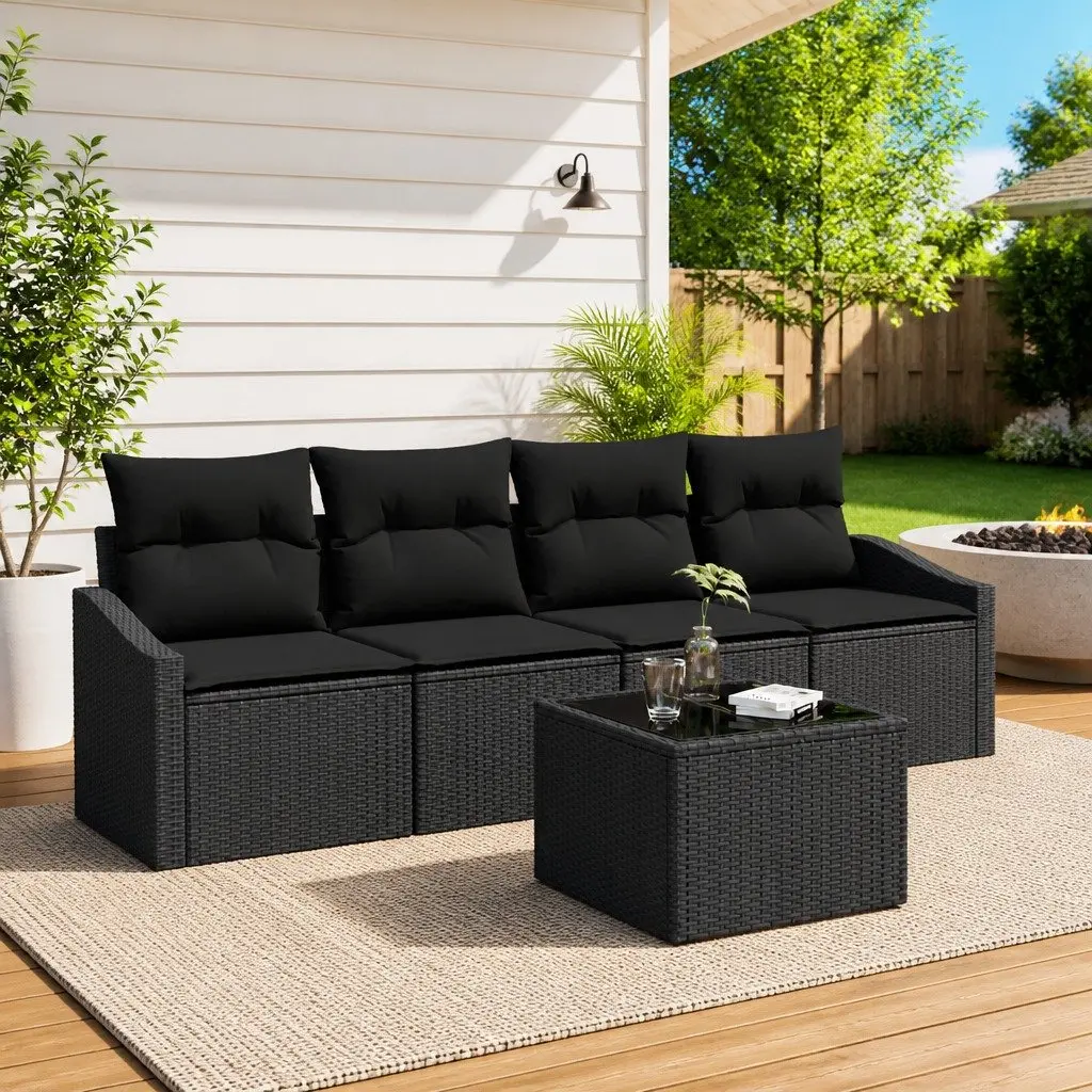 5-Piece Black Rattan Outdoor Sofa Set