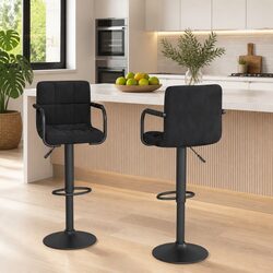 Bar Stools 2 pcs Black Velvet Swivel Height Adjustable Footrest Counter Chairs