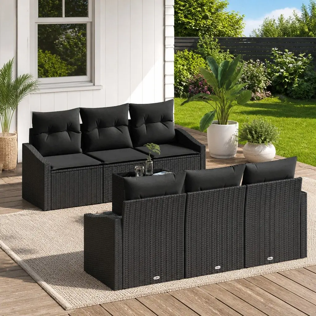 7 Piece Black Garden Furniture Set Poly Rattan Outdoor Sofa with Cushions and Adjustable Height Table