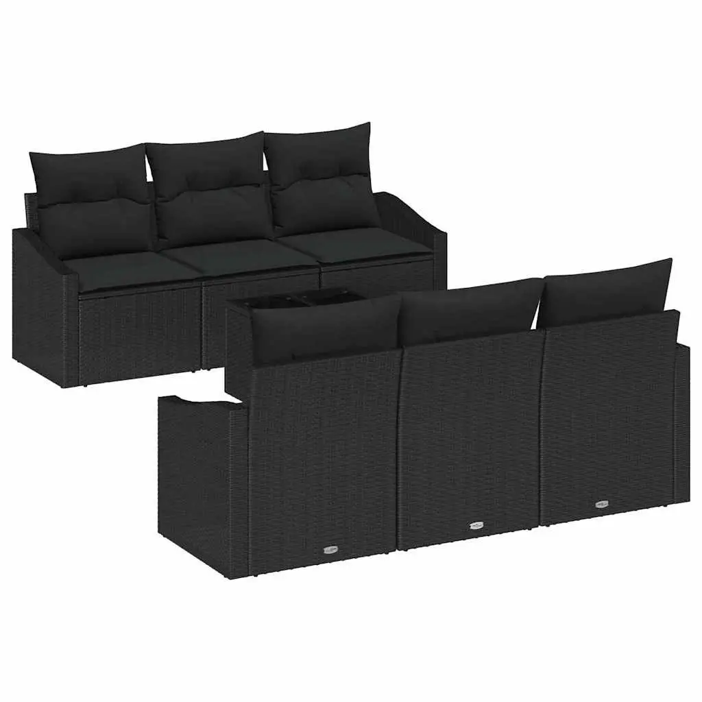 7 Piece Black Garden Furniture Set Poly Rattan Outdoor Sofa with Cushions and Adjustable Height Table