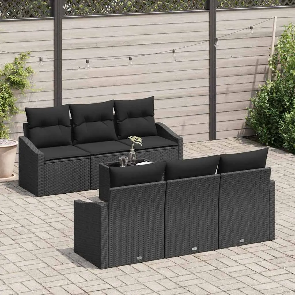 7 Piece Black Garden Furniture Set Poly Rattan Outdoor Sofa with Cushions and Adjustable Height Table