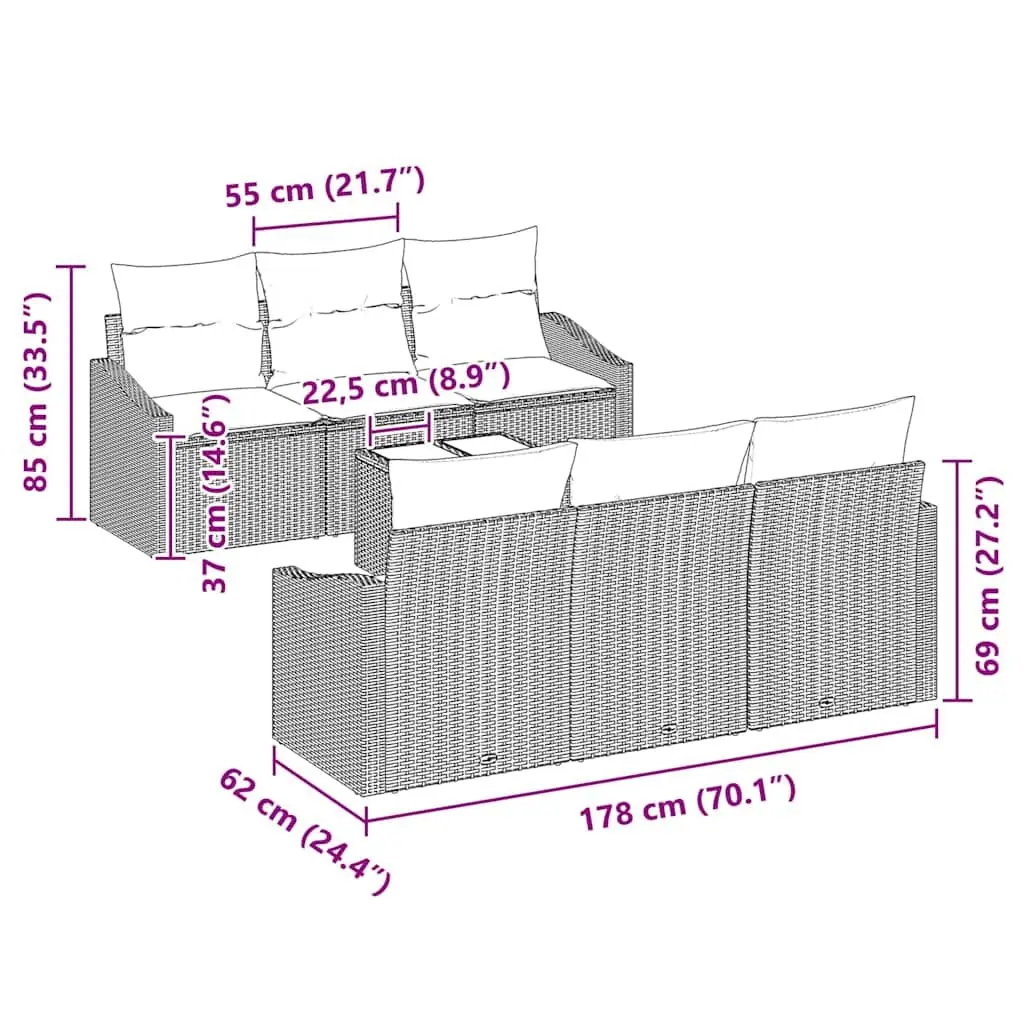 7 Piece Black Garden Furniture Set Poly Rattan Outdoor Sofa with Cushions and Adjustable Height Table