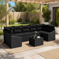 Outdoor Sofa Set Black Garden Furniture Poly Rattan with Glass Table Modular