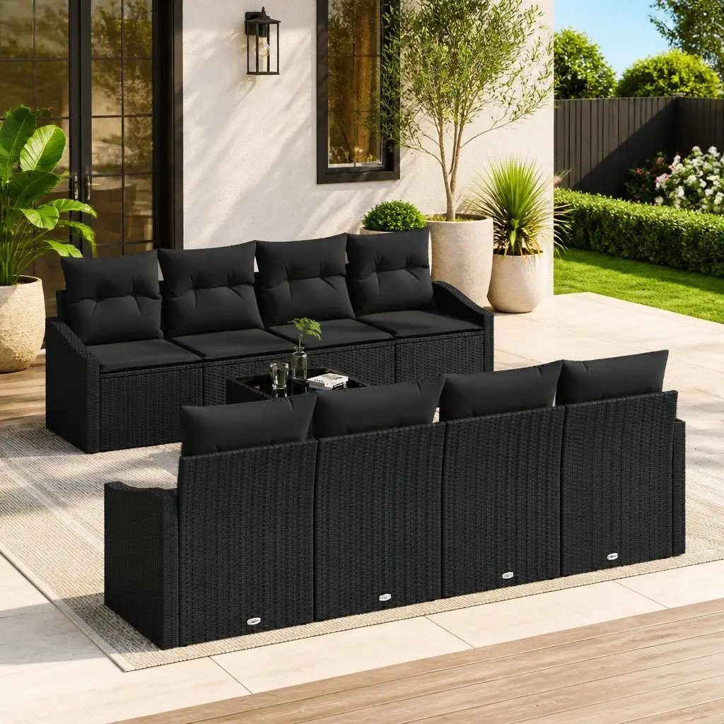 Outdoor Sofa Set Modular Black Poly Rattan 9 Piece Garden Furniture