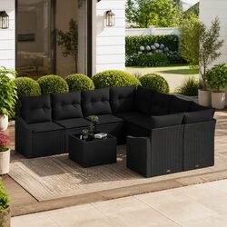 Outdoor Garden Sofa Set 9 pcs Black Poly Rattan Modular Seating Cushion