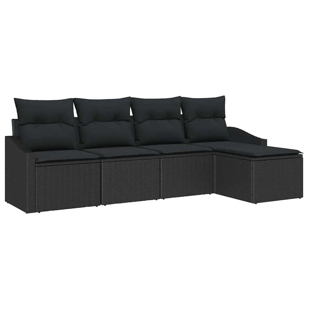 Outdoor Sofa Set Black Poly Rattan 5 Piece with Height Adjustable Table and Cushions