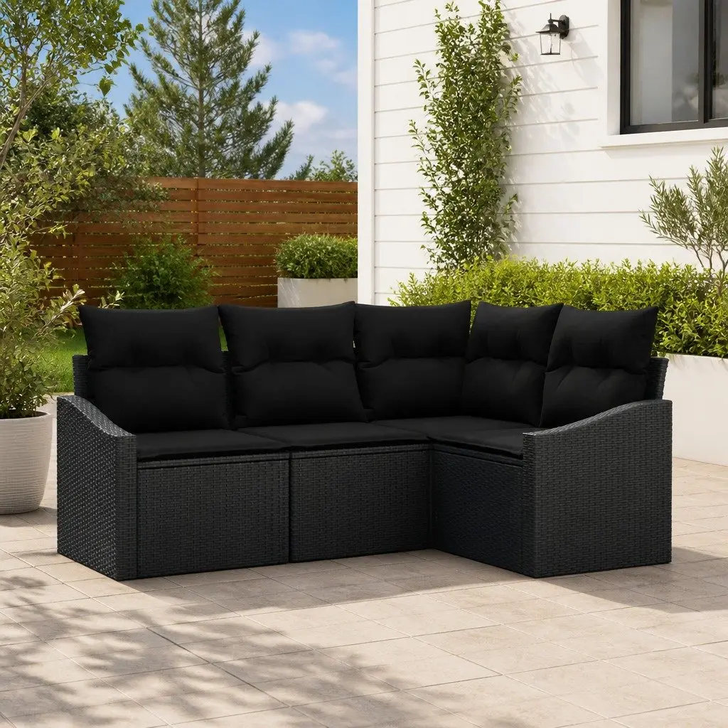 Outdoor Sofa Set 4 Pieces Black Poly Rattan Garden Patio Furniture with Cushions