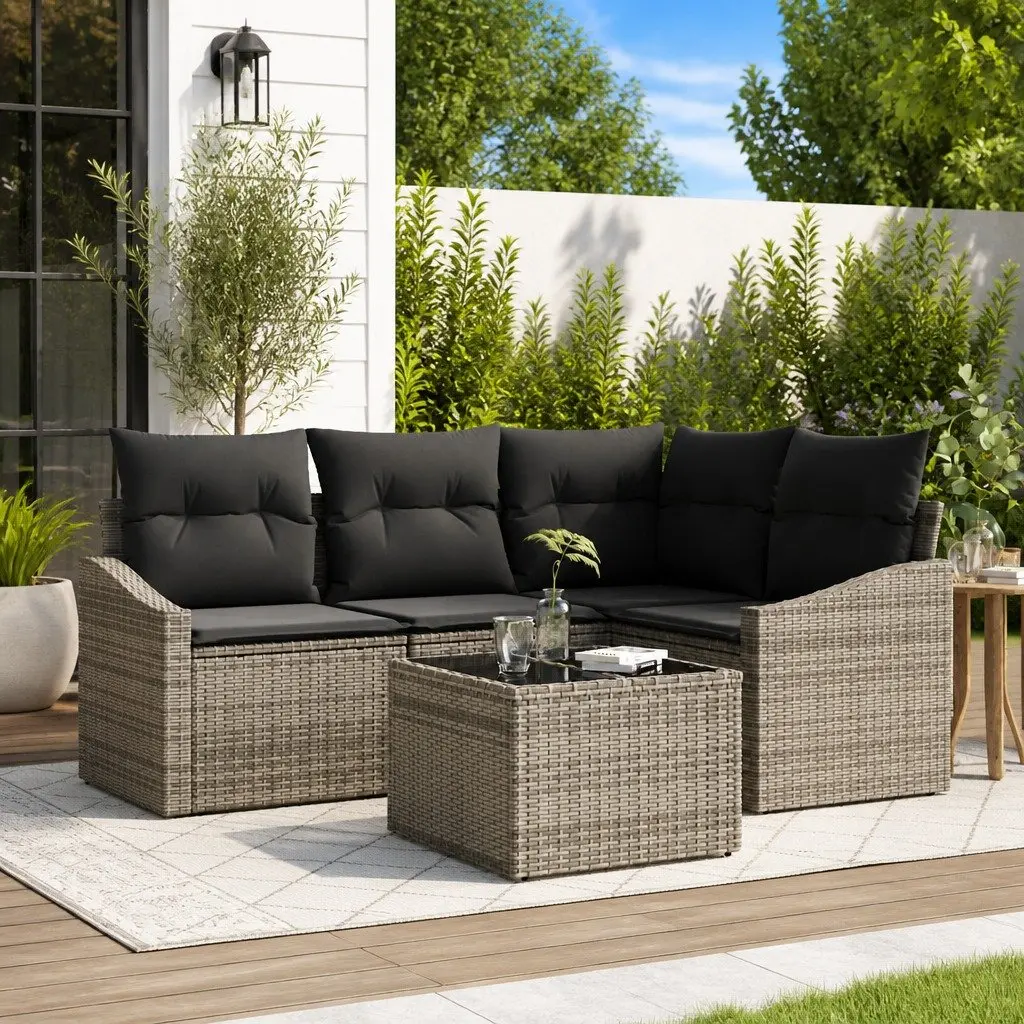 Outdoor Sofa Set Grey Poly Rattan 5 Piece Sectional Garden Furniture