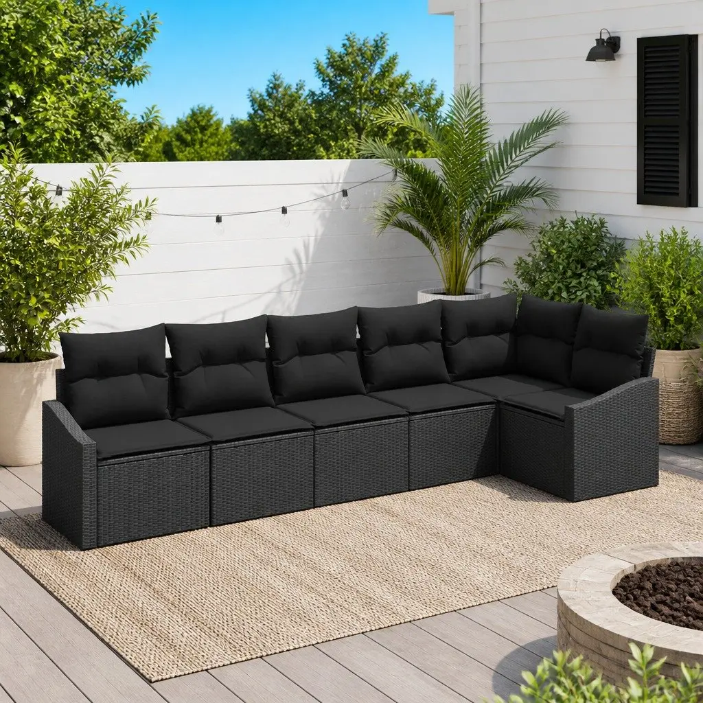 Outdoor Sofa Set Black Poly Rattan 6 Piece Garden Furniture Patio Lounge Seat