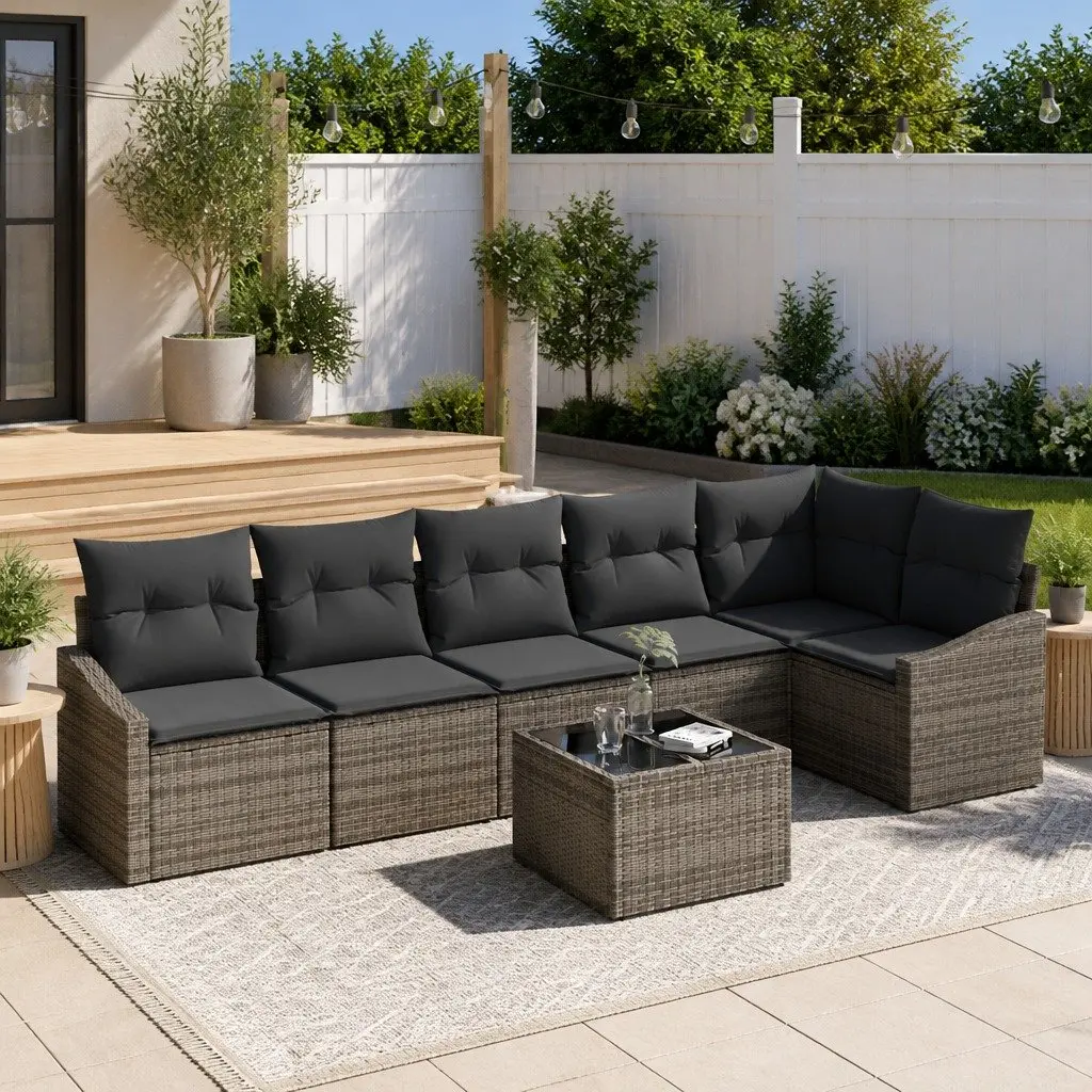 7 Piece Grey Poly Rattan Sectional Sofa Set Modern Outdoor Furniture for Patio and Garden