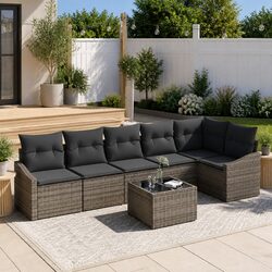 7-Piece Outdoor Garden Sofa Set Grey Poly Rattan Sectional Furniture Patio