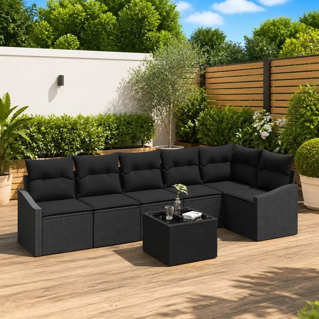 Outdoor Sofa Set Black Poly Rattan 7 Pieces with Cushions
