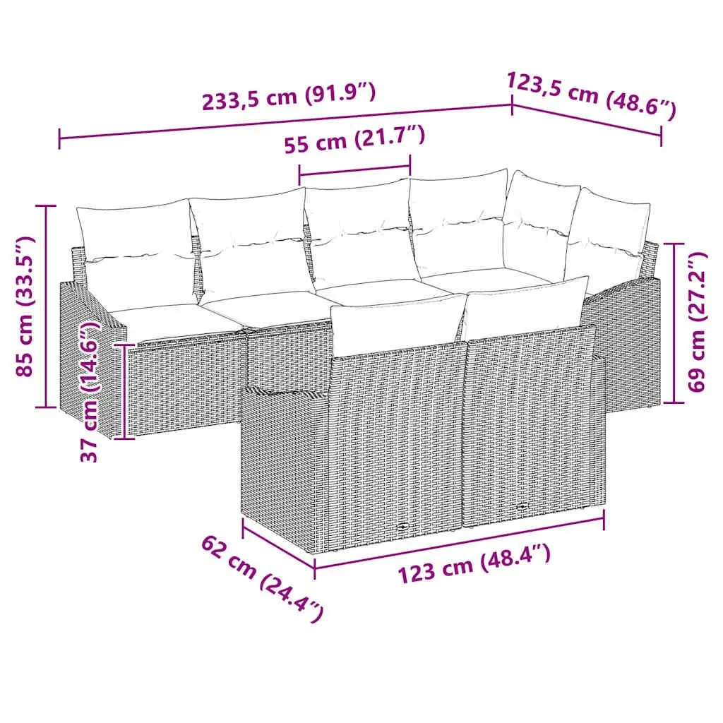 Outdoor Sofa Set Modular Black Poly Rattan 7 Piece