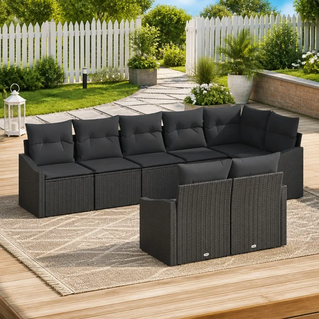 8 Piece Modular Outdoor Sofa Set Black Poly Rattan Furniture with Height Adjustable Table and Removable Cushions for Garden and Patio