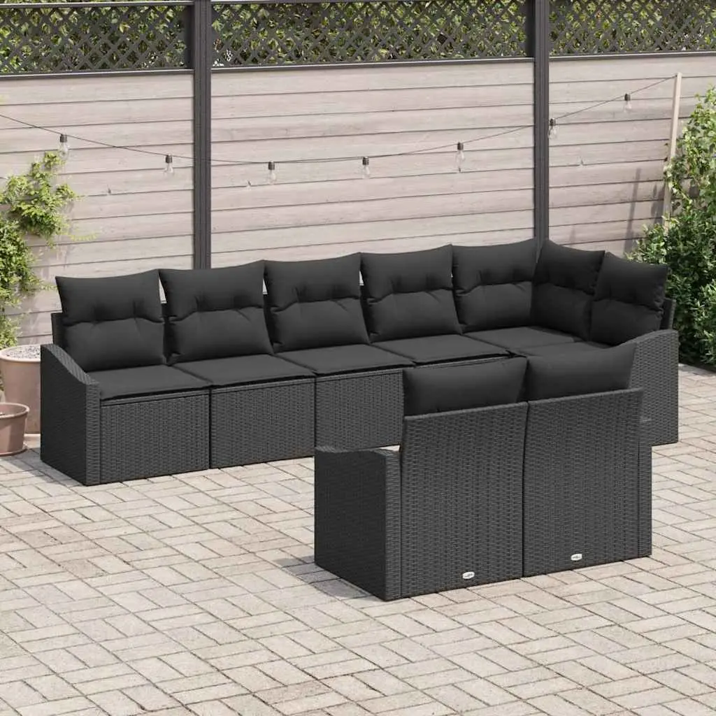 8 Piece Modular Outdoor Sofa Set Black Poly Rattan Furniture with Height Adjustable Table and Removable Cushions for Garden and Patio