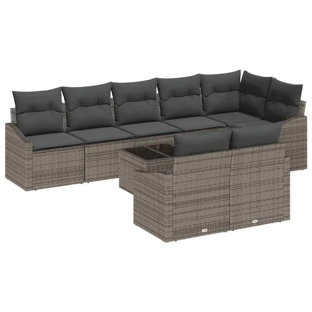 9 Piece Modular Grey Poly Rattan Patio Sofa Set with Adjustable Table and Removable Cushions for Outdoor Garden Lounge
