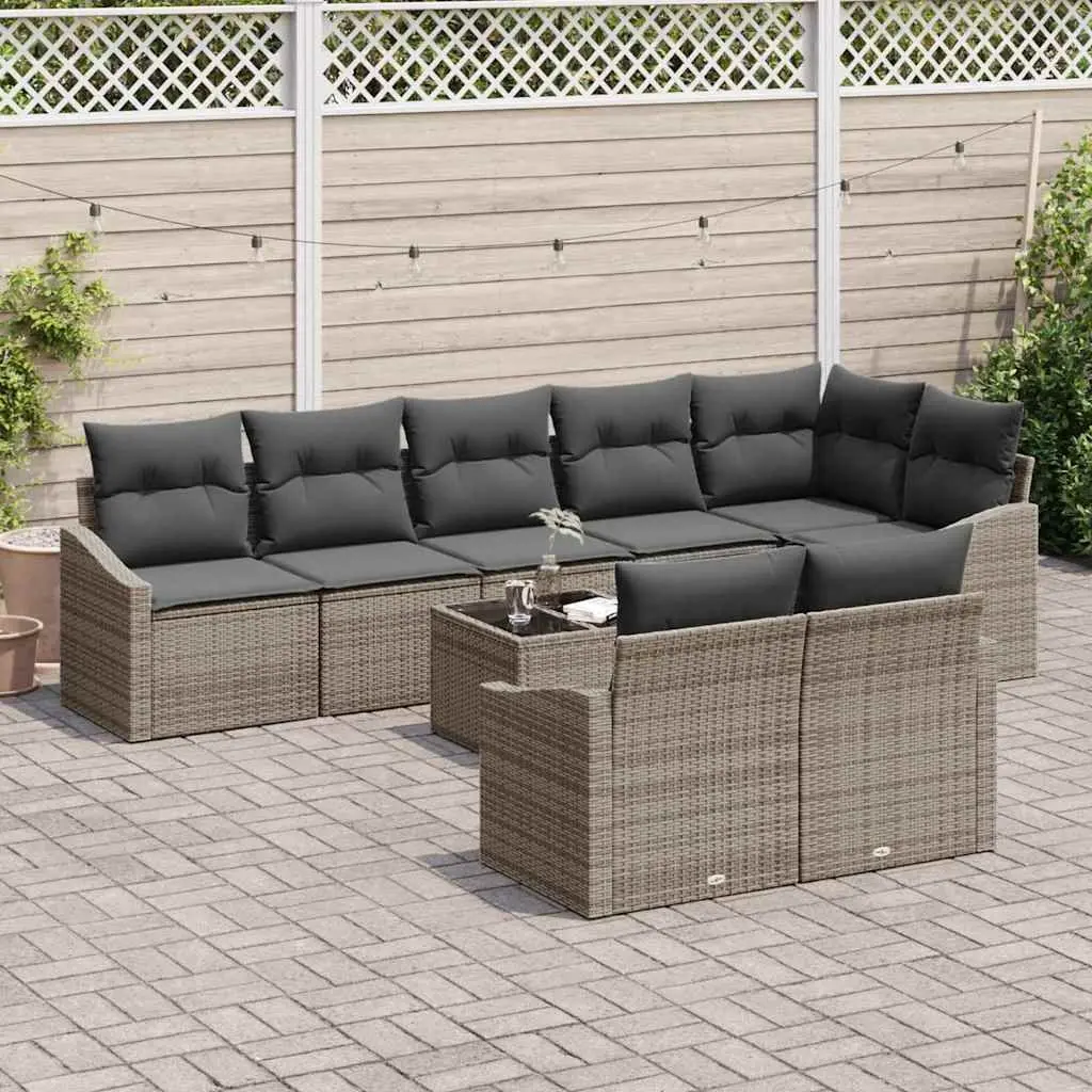 9 Piece Modular Grey Poly Rattan Patio Sofa Set with Adjustable Table and Removable Cushions for Outdoor Garden Lounge