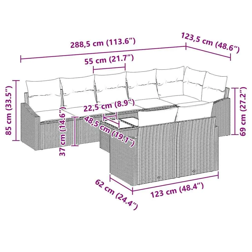 9 Piece Modular Grey Poly Rattan Patio Sofa Set with Adjustable Table and Removable Cushions for Outdoor Garden Lounge
