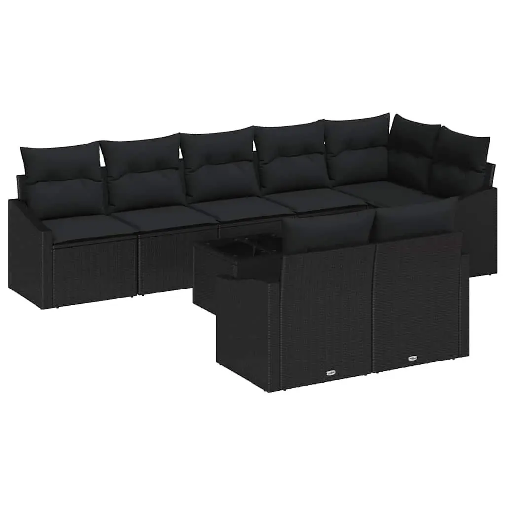 Outdoor Garden Sofa Set 9 Piece Black Poly Rattan Patio Furniture with Cushions