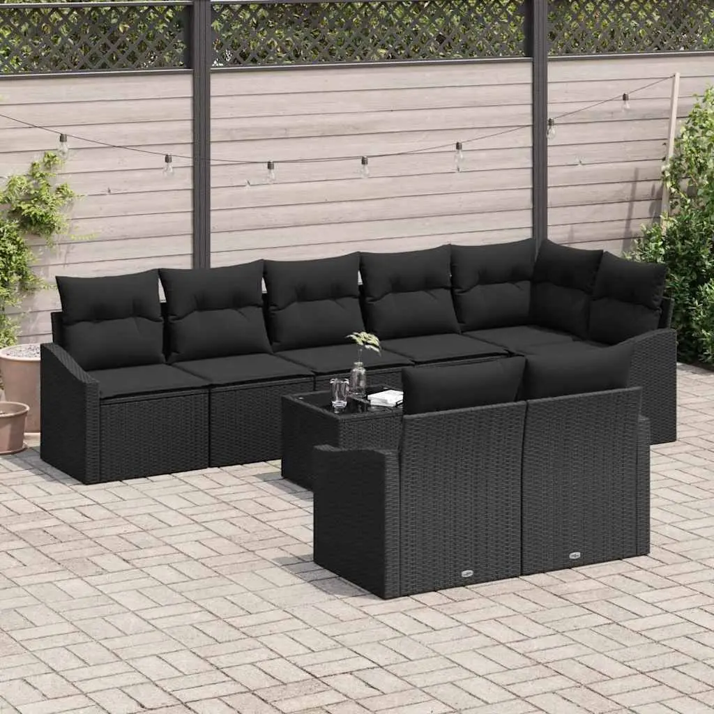 Outdoor Garden Sofa Set 9 Piece Black Poly Rattan Patio Furniture with Cushions
