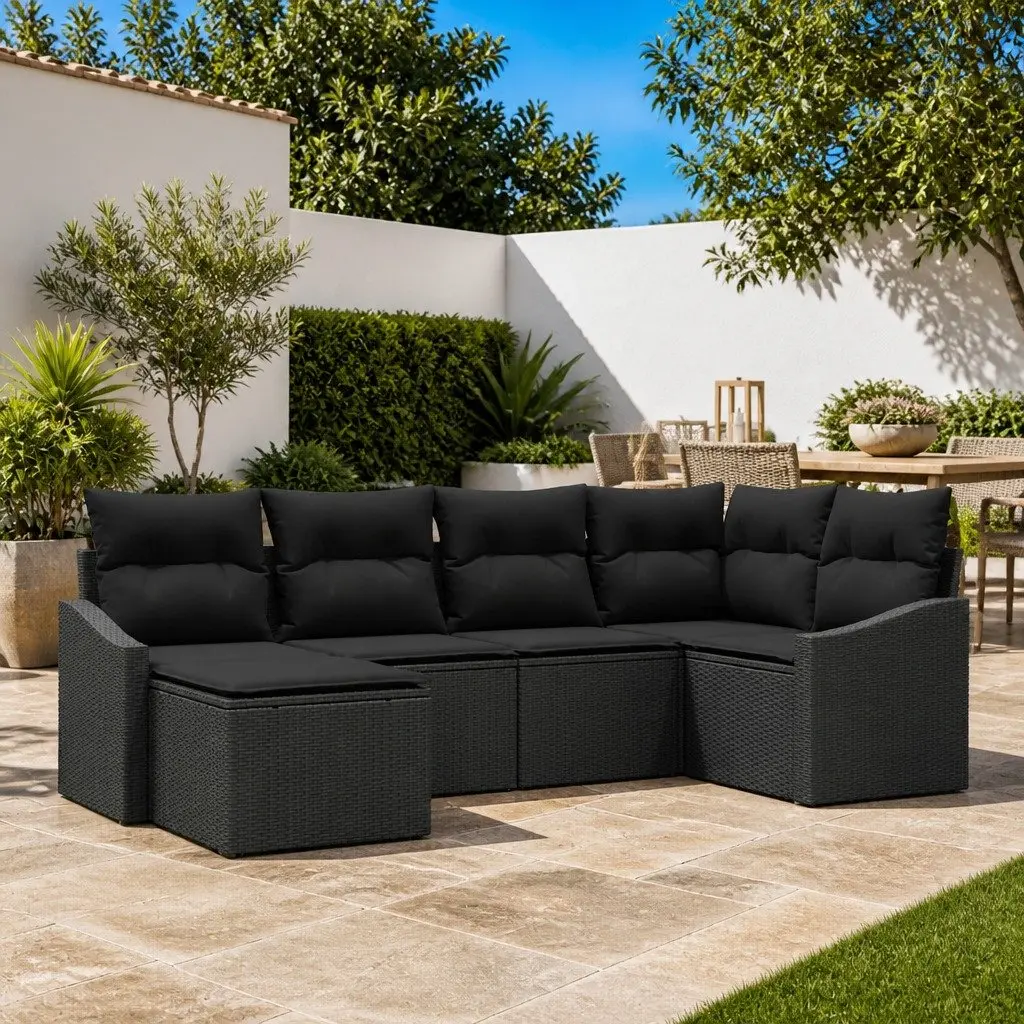 6 Piece Modular Sofa Set Black Poly Rattan Outdoor Garden with Cushions