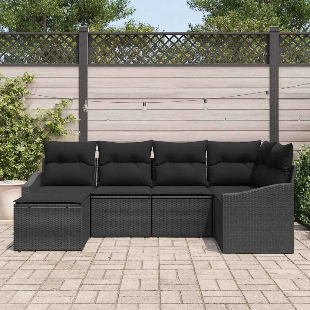 6 Piece Modular Sofa Set Black Poly Rattan Outdoor Garden with Cushions