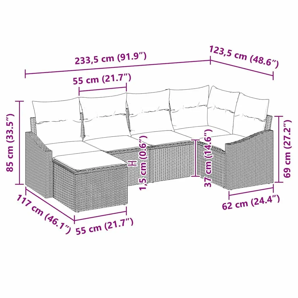 6 Piece Modular Sofa Set Black Poly Rattan Outdoor Garden with Cushions