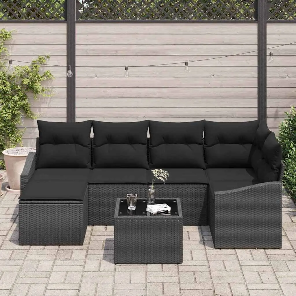Outdoor Sofa Set Modular Black Poly Rattan 7 Pieces