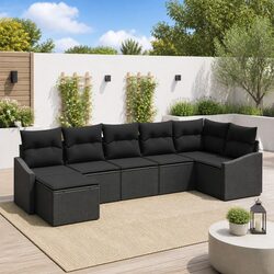 Outdoor Sofa Set 7 Pieces Black Poly Rattan Garden Furniture Patio Lounger