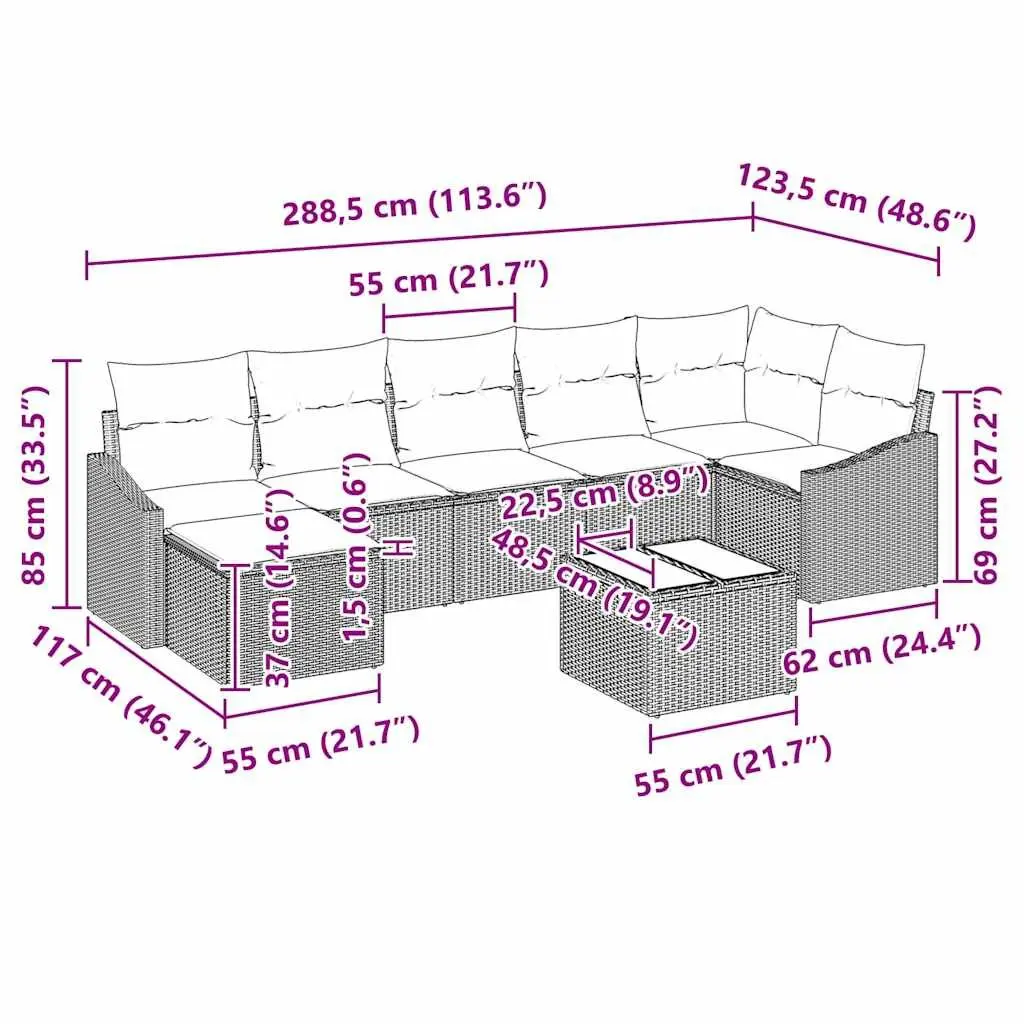 Outdoor Sofa Set 8 Pieces Grey Poly Rattan Garden Patio Furniture with Cushions