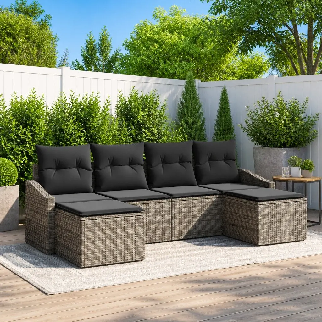 Outdoor Sofa Set Grey Poly Rattan 6 Pieces Garden Furniture Lounge with Cushions