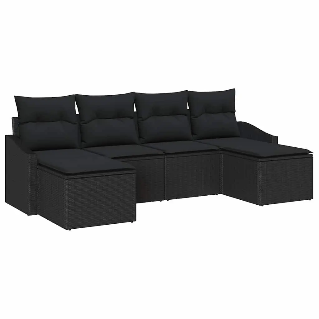 Outdoor Sofa Set Modular Black Poly Rattan 6 Piece Garden Furniture with Cushions