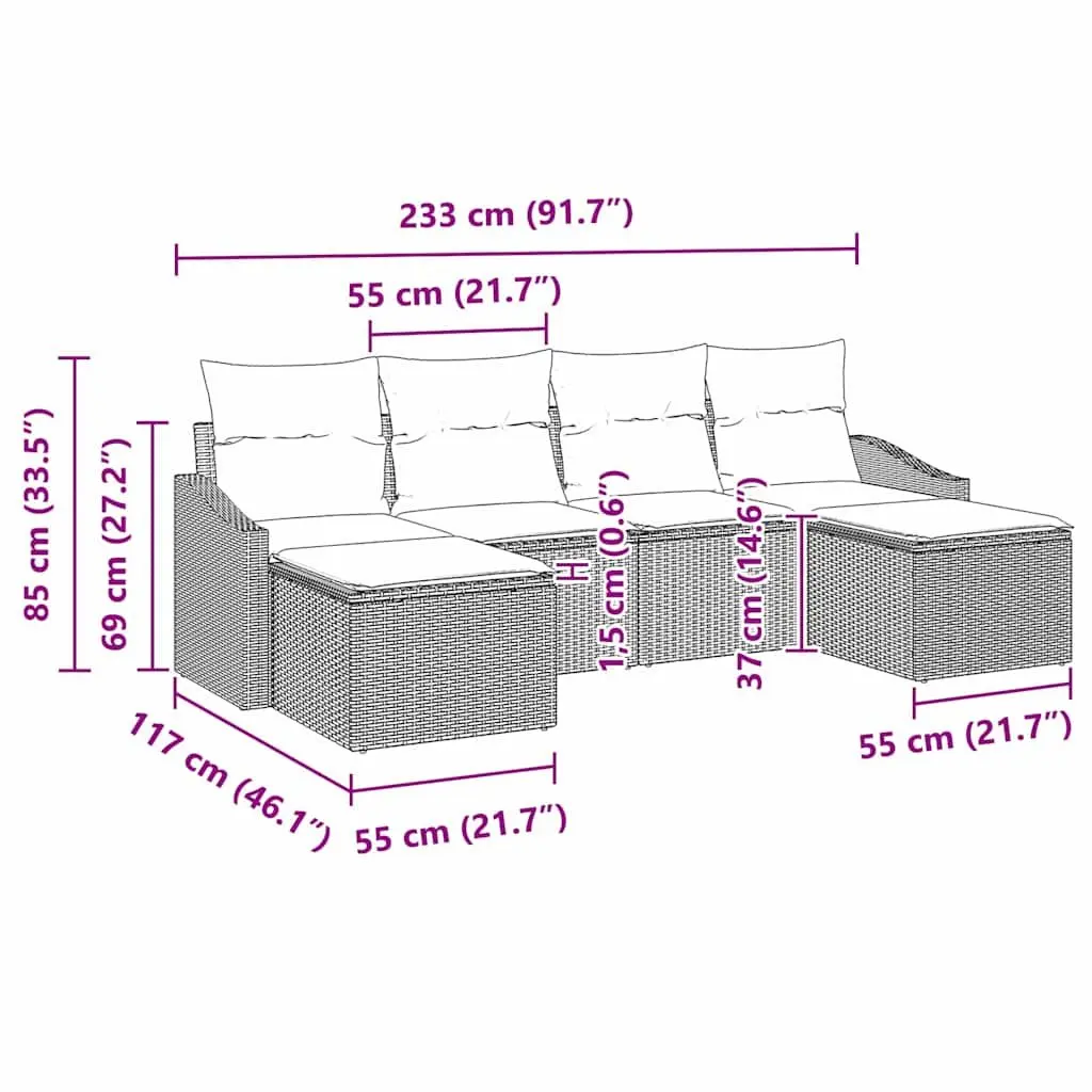 Outdoor Sofa Set Modular Black Poly Rattan 6 Piece Garden Furniture with Cushions