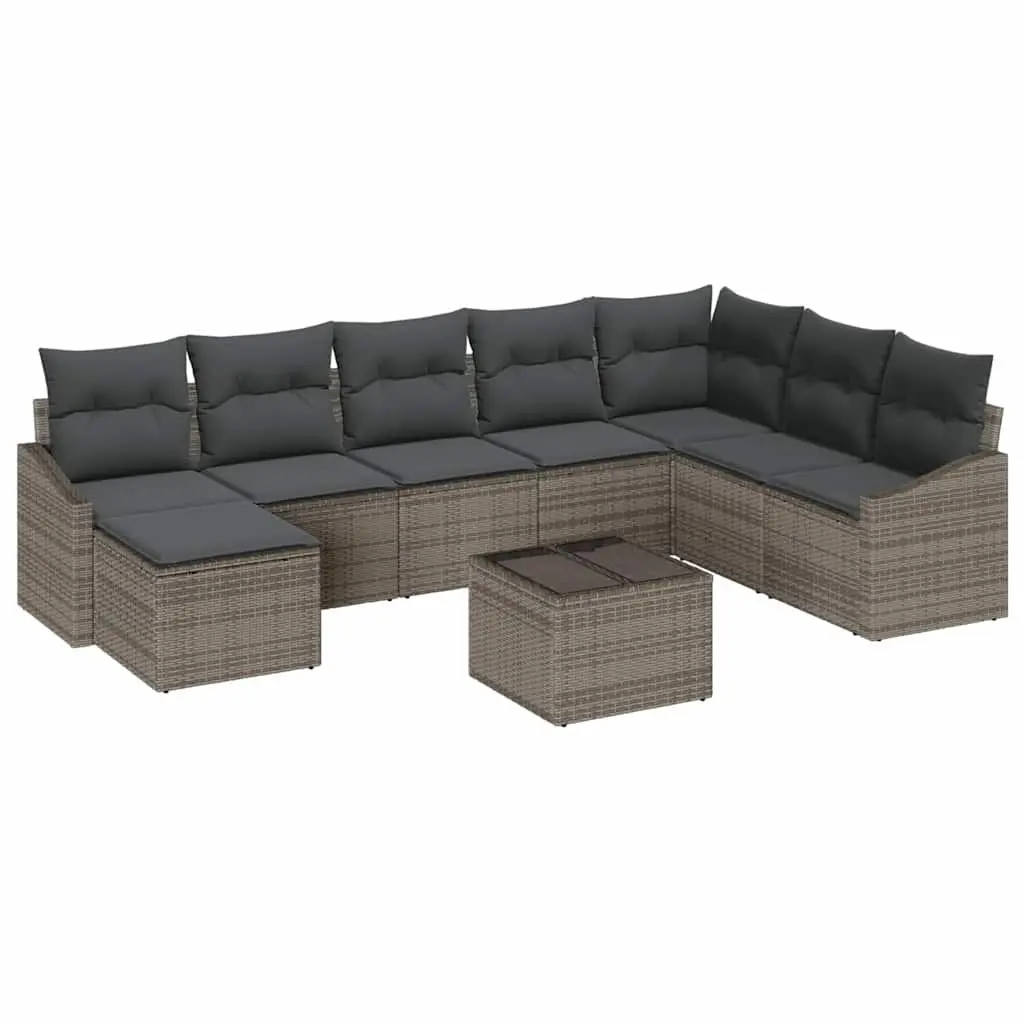 Modular9PieceGardenSofaSetGreyPolyRattanOutdoorFurniturewithCushionsHeightAdjustableTable