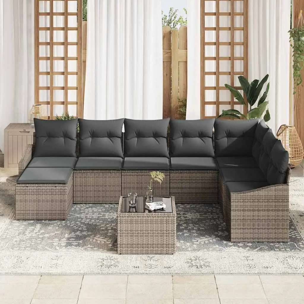 Modular9PieceGardenSofaSetGreyPolyRattanOutdoorFurniturewithCushionsHeightAdjustableTable