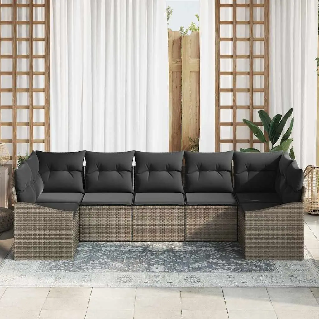 Outdoor Sofa Set Modern Style 7 Pieces Grey Poly Rattan Garden Furniture with Cushions
