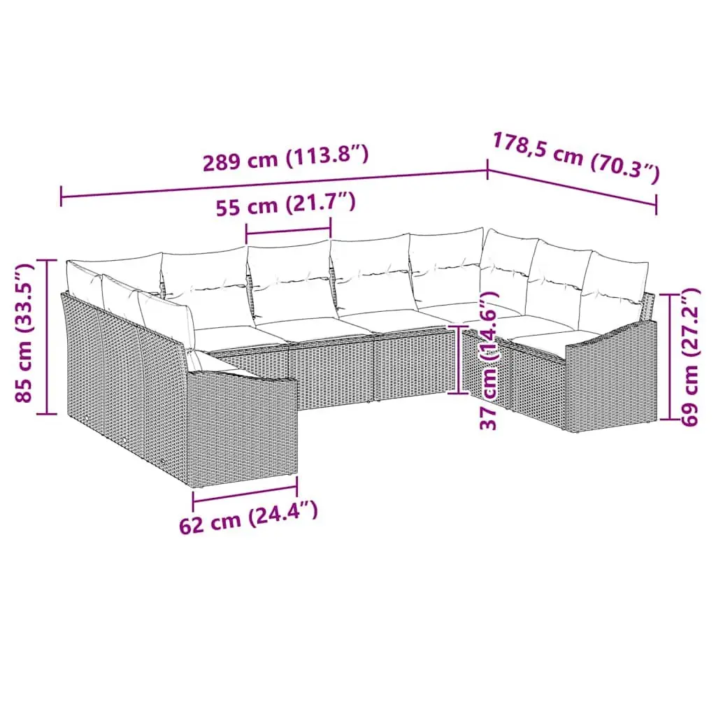 Outdoor Sofa Set Modular Grey Poly Rattan 9 Pieces