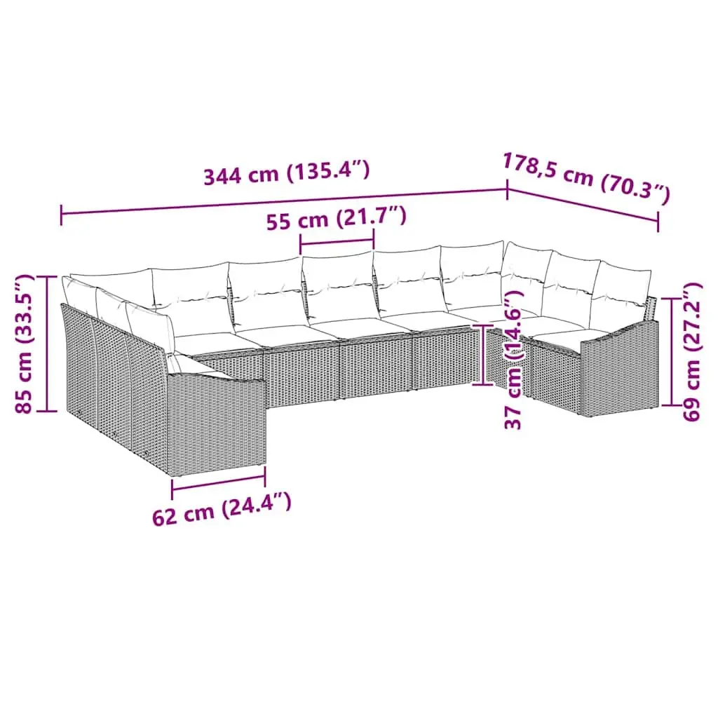 Outdoor Sofa Set 10 Pieces Grey Poly Rattan Garden Patio Furniture with Cushions