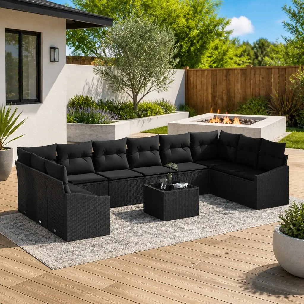 Outdoor Sofa Set 11 Pieces Black Poly Rattan Garden Patio Furniture with