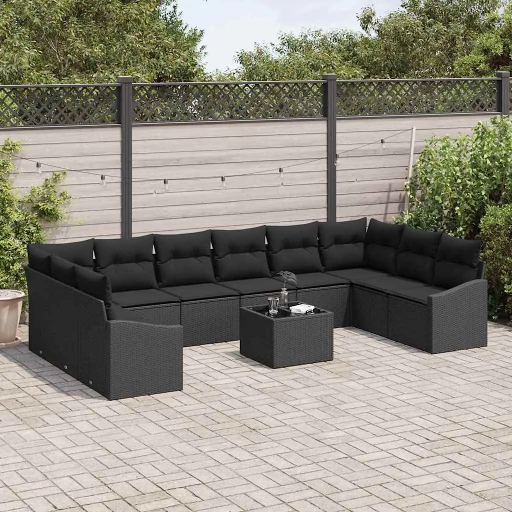 Outdoor Sofa Set 11 Pieces Black Poly Rattan Garden Patio Furniture with