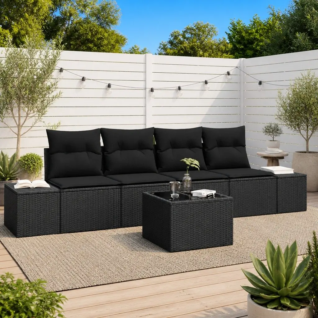 5 Piece Modular Outdoor Sofa Set Black Poly Rattan with Cushions for Garden Patio Furniture